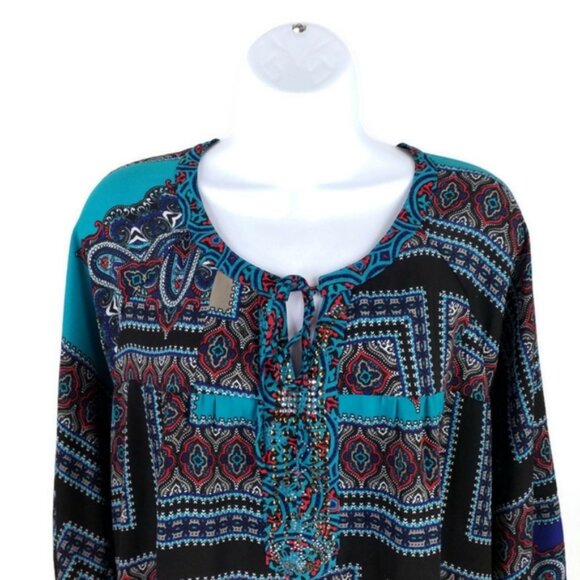 Figueroa & Flower Boho Patchwork Print 3/4 Sleeve Popover Blouse Womens Large - Picture 3 of 15
